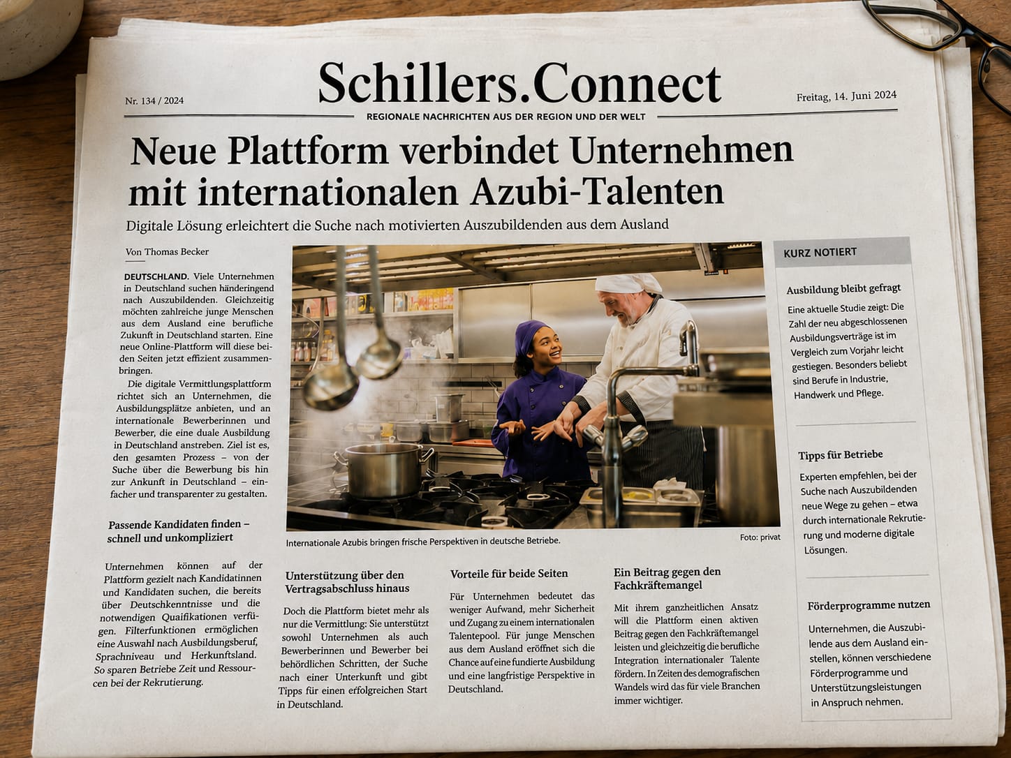 Zeitungsseite: „Neue Plattform verbindet Unternehmen mit internationalen Azubi-Talenten“